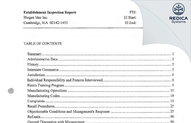 EIR - Biogen, Inc. [Cambridge / United States of America] - Download PDF - Redica Systems