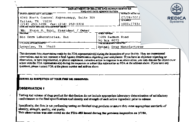 FDA 483 - Bio-Derm Laboratories, Inc [Longview / United States of America] - Download PDF - Redica Systems