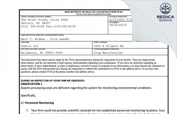 FDA 483 - Zoetis LLC [Kalamazoo / United States of America] - Download PDF - Redica Systems