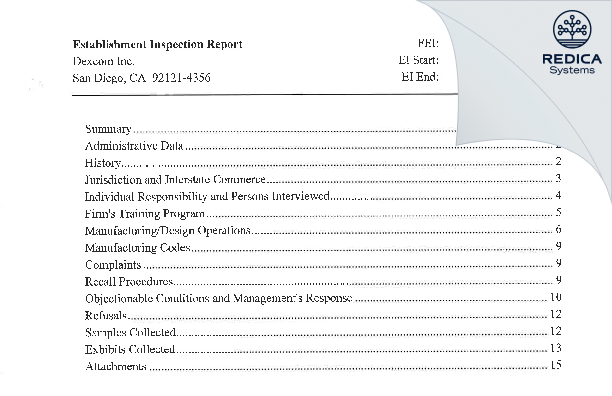 EIR - Dexcom, Inc. [San Diego / United States of America] - Download PDF - Redica Systems