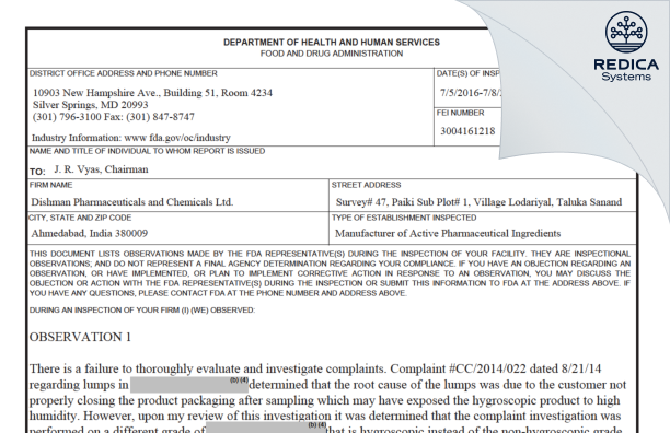 FDA 483 - DISHMAN CARBOGEN AMCIS LIMITED [India / India] - Download PDF - Redica Systems