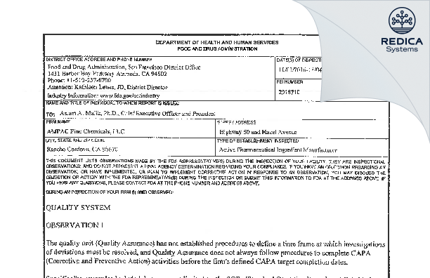 FDA 483 - AMPAC Fine Chemicals LLC [Rancho Cordova / United States of America] - Download PDF - Redica Systems