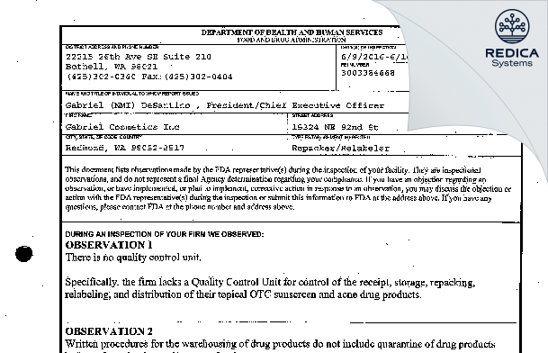 FDA 483 - Gabriel Cosmetics Inc [Redmond / United States of America] - Download PDF - Redica Systems