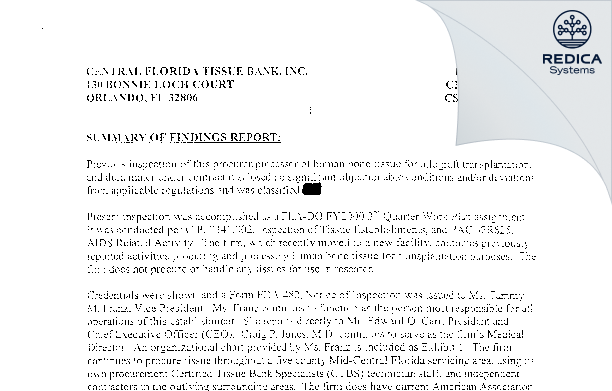 EIR - Central Florida Tissue Bank Inc. [Orlando / United States of America] - Download PDF - Redica Systems