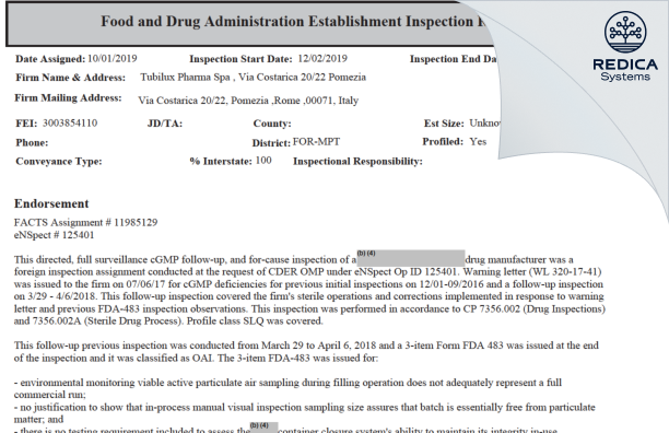EIR - Tubilux Pharma SpA [Pomezia / Italy] - Download PDF - Redica Systems