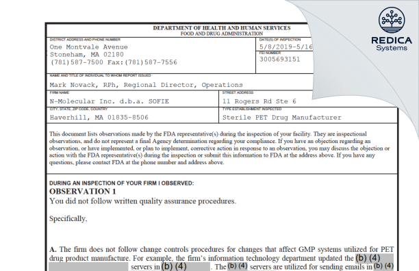FDA 483 - N-Molecular, Inc. dba SOFIE [Haverhill / United States of America] - Download PDF - Redica Systems