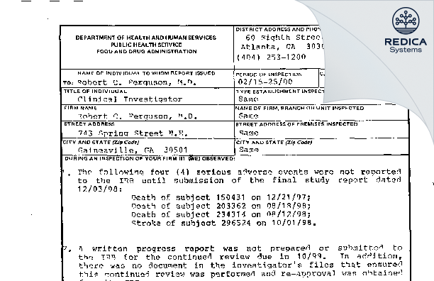 FDA 483 - Ferguson, RObert C. M.D. [Gainesville / United States of America] - Download PDF - Redica Systems