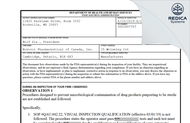 FDA 483 - Novocol Pharmaceutical of Canada, Inc. [Cambridge / Canada] - Download PDF - Redica Systems