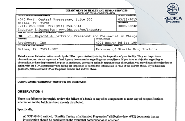 FDA 483 - Apothecure, Inc [Dallas / United States of America] - Download PDF - Redica Systems