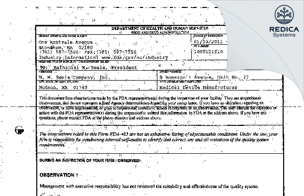 FDA 483 - N. M. Beale Company, Inc. [Hudson / United States of America] - Download PDF - Redica Systems