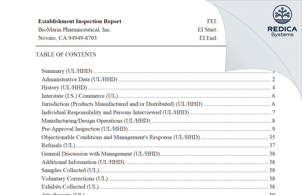 EIR - BioMarin Pharmaceutical Inc. [California / United States of America] - Download PDF - Redica Systems