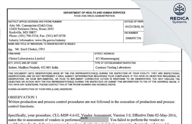 FDA 483 - Choksi Laboratories Limited [India / India] - Download PDF - Redica Systems