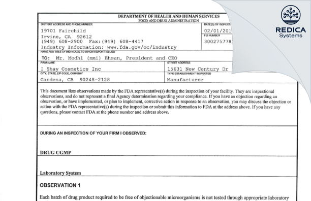 FDA 483 - I Shay Cosmetics, Inc. [Harbor City California / United States of America] - Download PDF - Redica Systems