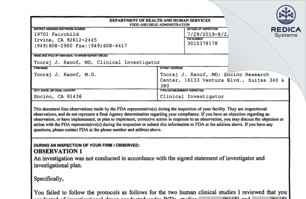 FDA 483 - Tooraj J. Raoof, M.D. [Encino / United States of America] - Download PDF - Redica Systems