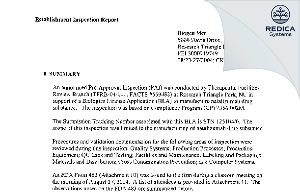 EIR - Biogen MA Inc. [Research Triangle Park / United States of America] - Download PDF - Redica Systems