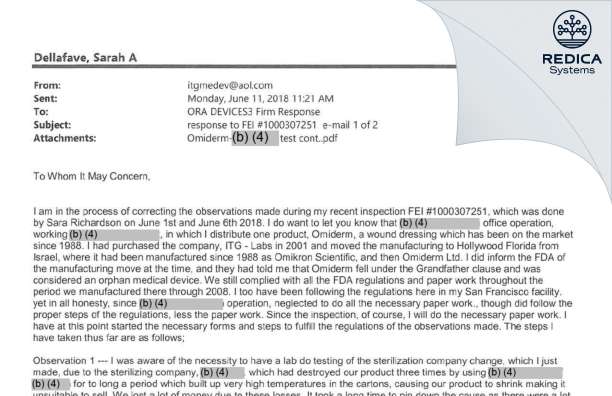 FDA 483 Response - ITG-Medev, Inc. [San Francisco / United States of America] - Download PDF - Redica Systems