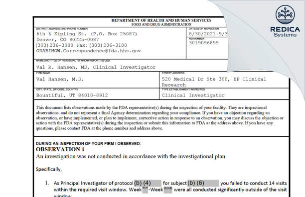 FDA 483 - Val R. Hansen, M.D. [Bountiful / United States of America] - Download PDF - Redica Systems