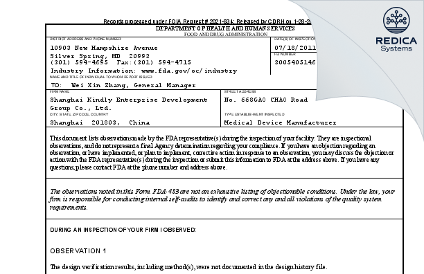 FDA 483 - Shanghai Kindly Enterprise Development Group Co., Ltd. [Shanghai / China] - Download PDF - Redica Systems