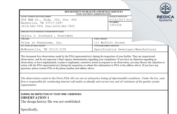 FDA 483 - Vilex in Tennessee, Inc. [Mcminnville / United States of America] - Download PDF - Redica Systems