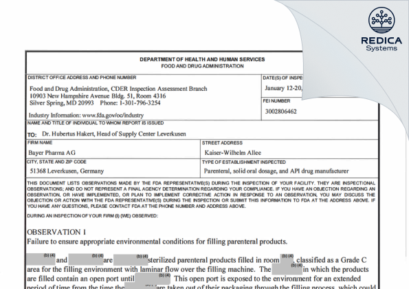 FDA 483 - Bayer AG [Leverkusen / Germany] - Download PDF - Redica Systems