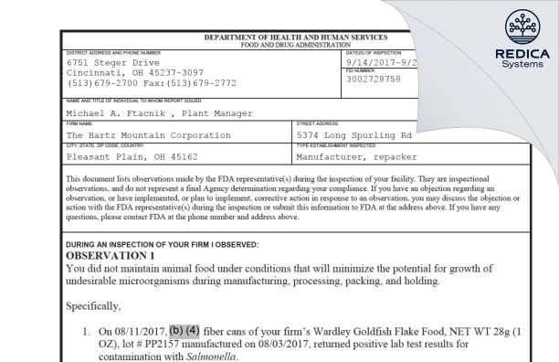 FDA 483 - The Hartz Mountain Corporation [Pleasant Plain / United States of America] - Download PDF - Redica Systems