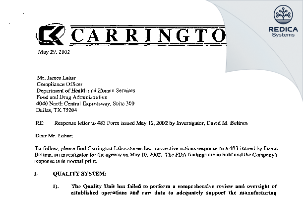 FDA 483 Response - Carrington Laboratories, Inc [Irving / United States of America] - Download PDF - Redica Systems