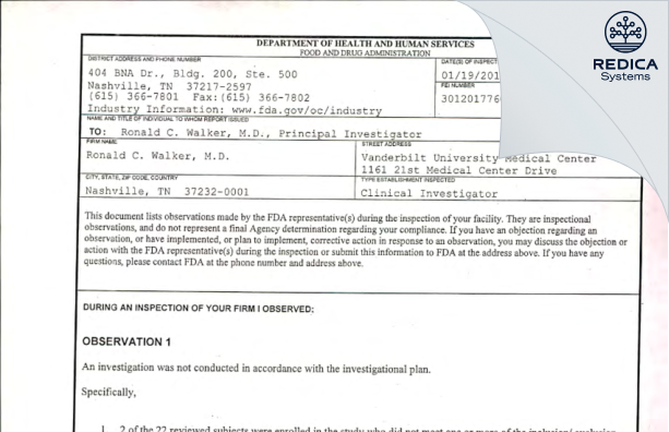FDA 483 - Ronald C. Walker, M.D. [Nashville / United States of America] - Download PDF - Redica Systems
