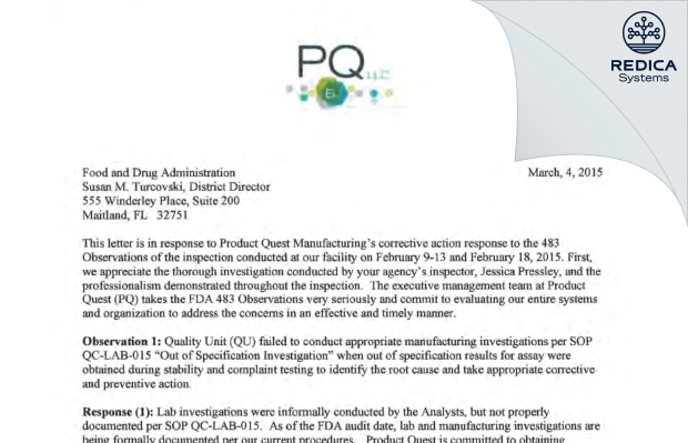 FDA 483 Response - Product Quest Manufacturing LLC [Daytona Beach / United States of America] - Download PDF - Redica Systems