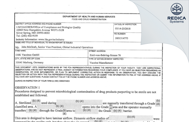 FDA 483 - GSK Vaccines GmbH [Marburg / Germany] - Download PDF - Redica Systems