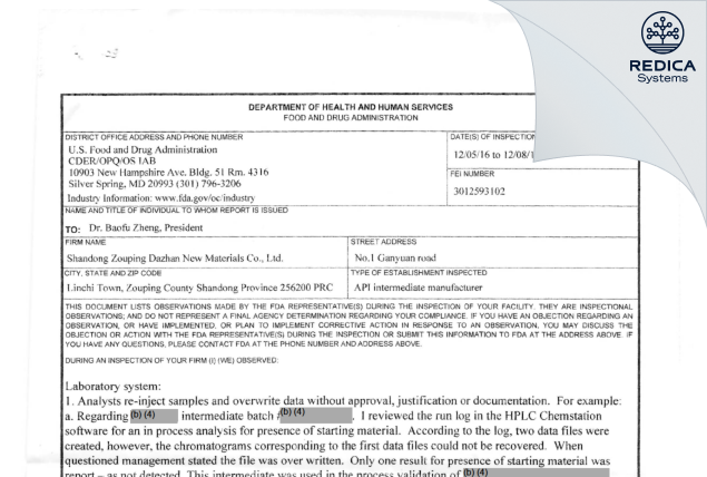 FDA 483 - Shandong Zouping Dazhan New Materials Co., Ltd. [China / China] - Download PDF - Redica Systems