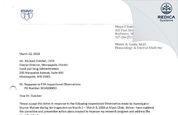 FDA 483 Response - Morie A. Gertz, M.D., Clinical Investigator [Rochester / United States of America] - Download PDF - Redica Systems