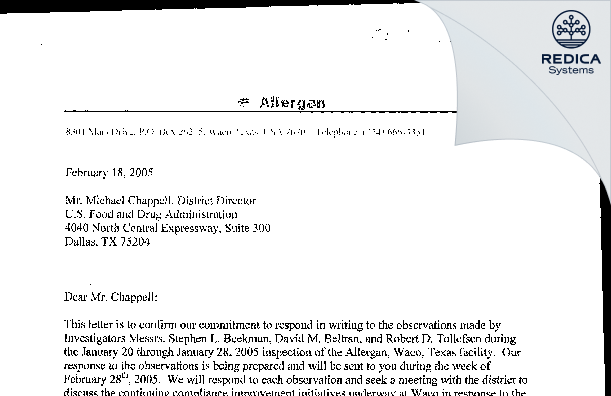 FDA 483 Response - Allergan Sales, LLC [Waco / United States of America] - Download PDF - Redica Systems