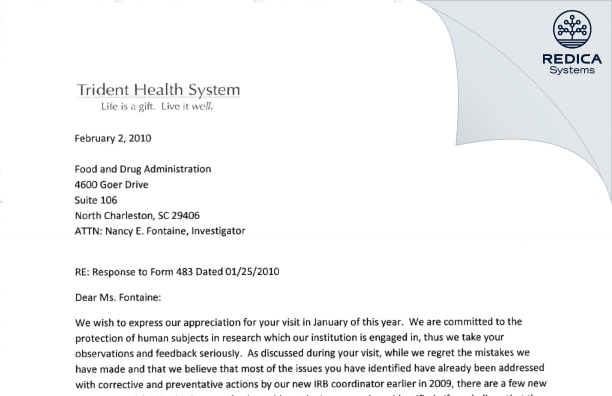 FDA 483 Response - Trident Health System Irb [Charleston / United States of America] - Download PDF - Redica Systems