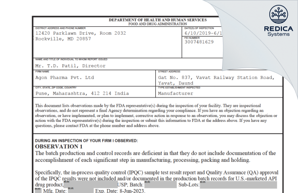 FDA 483 - AGON PHARMA PRIVATE LIMITED [India / India] - Download PDF - Redica Systems