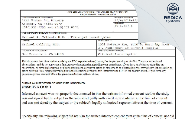 FDA 483 - Rachael A. Callcut, M.D., M.S.P.H. [San Francisco / United States of America] - Download PDF - Redica Systems