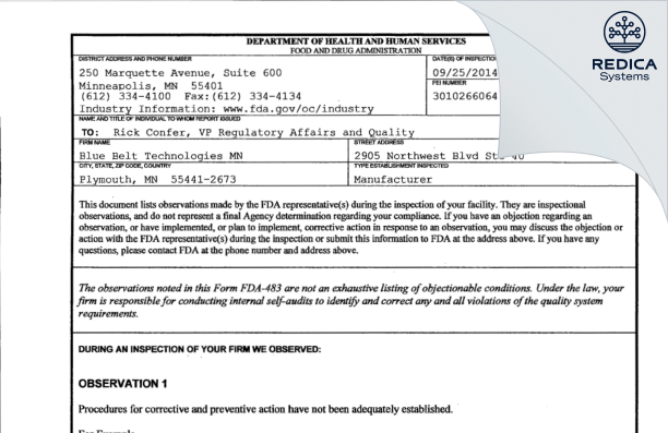 FDA 483 - Blue Belt Technologies inc [Plymouth / United States of America] - Download PDF - Redica Systems