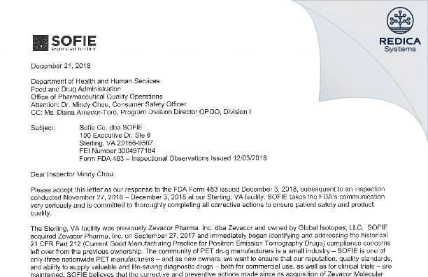 FDA 483 Response - SOFIE Co. dba SOFIE [Virginia / United States of America] - Download PDF - Redica Systems