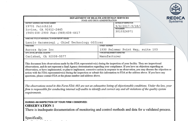 FDA 483 - Aurora Spine Inc [Carlsbad / United States of America] - Download PDF - Redica Systems