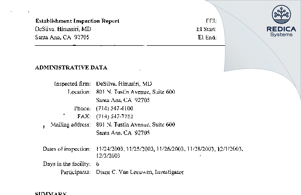 EIR - DeSilva, Himasiri [Santa Ana / United States of America] - Download PDF - Redica Systems