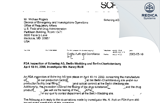 FDA 483 Response - Bayer Aktiengesellschaft [Berlin / Germany] - Download PDF - Redica Systems