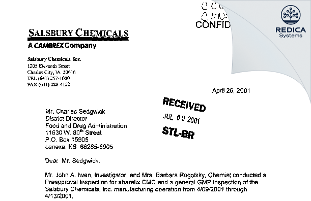 FDA 483 Response - Cambrex Charles City, Inc [Charles City / United States of America] - Download PDF - Redica Systems