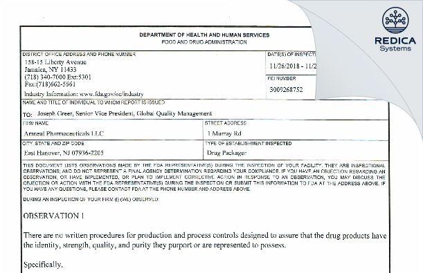 FDA 483 - Amneal Pharmaceuticals, LLC [East Hanover / United States of America] - Download PDF - Redica Systems