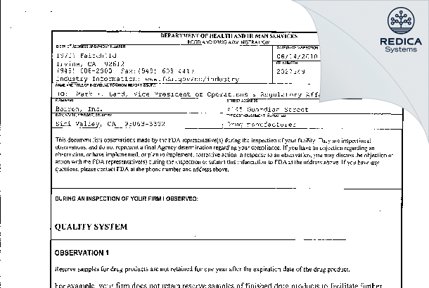 FDA 483 - Boiron Inc. [Simi Valley California / United States of America] - Download PDF - Redica Systems