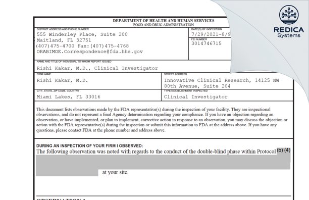 FDA 483 - Rishi Kakar, M.D. [Miami Lakes / United States of America] - Download PDF - Redica Systems