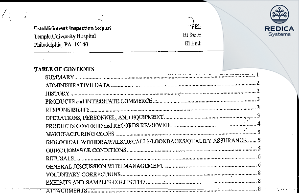 EIR - Temple University Hospital, Inc. [Philadelphia / United States of America] - Download PDF - Redica Systems
