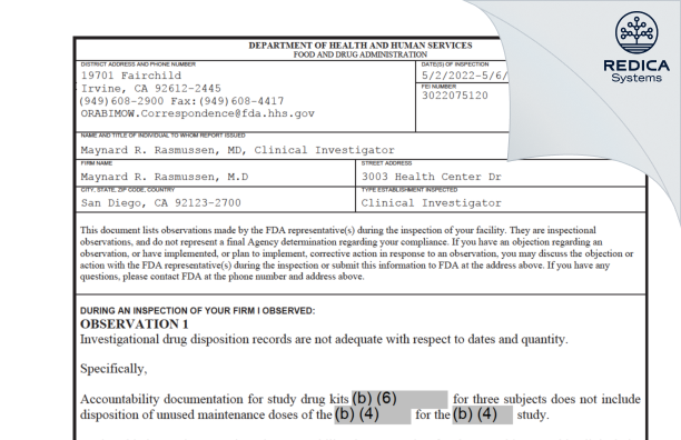 FDA 483 - Maynard R. Rasmussen, M.D [San Diego / United States of America] - Download PDF - Redica Systems