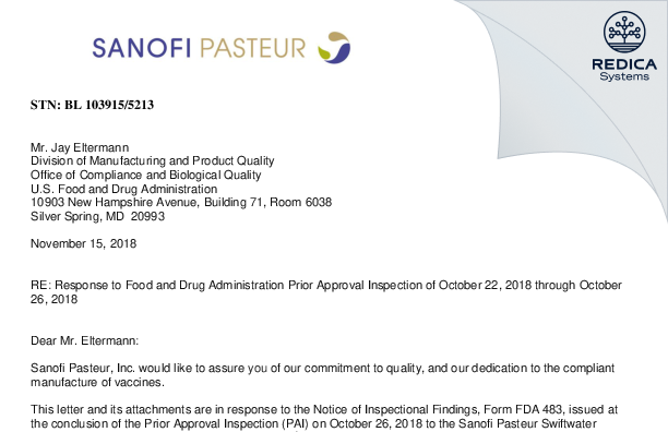 FDA 483 Response - Sanofi Pasteur Inc. [Swiftwater Pennsylvania / United States of America] - Download PDF - Redica Systems