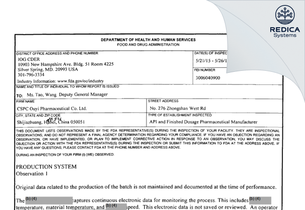FDA 483 - CSPC Ouyi Pharmaceutical Co., Ltd. [Shijiazhuang / China] - Download PDF - Redica Systems