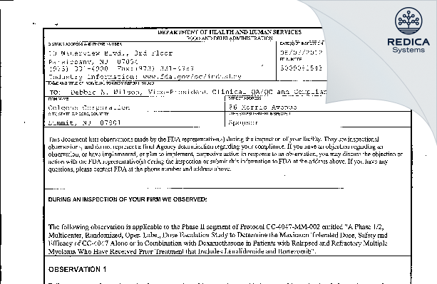 FDA 483 - Celgene Corporation [Berkeley Heights / United States of America] - Download PDF - Redica Systems