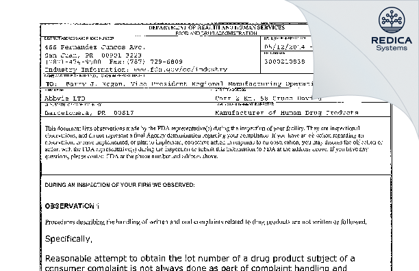 FDA 483 - AbbVie Ltd [Rico / United States of America] - Download PDF - Redica Systems